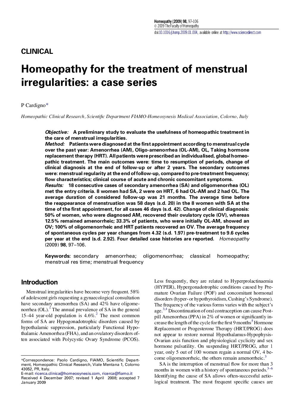 Homeopathy for the treatment of menstrual irregularities: a case series