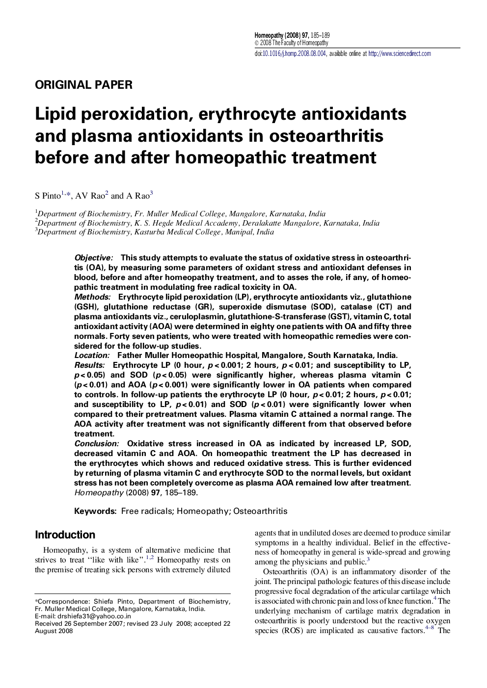 Lipid peroxidation, erythrocyte antioxidants and plasma antioxidants in osteoarthritis before and after homeopathic treatment