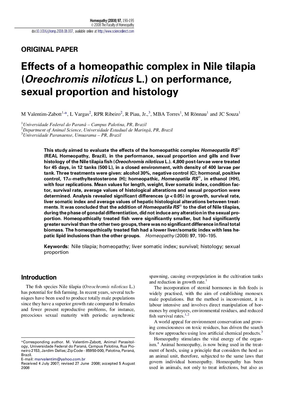 Effects of a homeopathic complex in Nile tilapia (Oreochromis niloticus L.) on performance, sexual proportion and histology