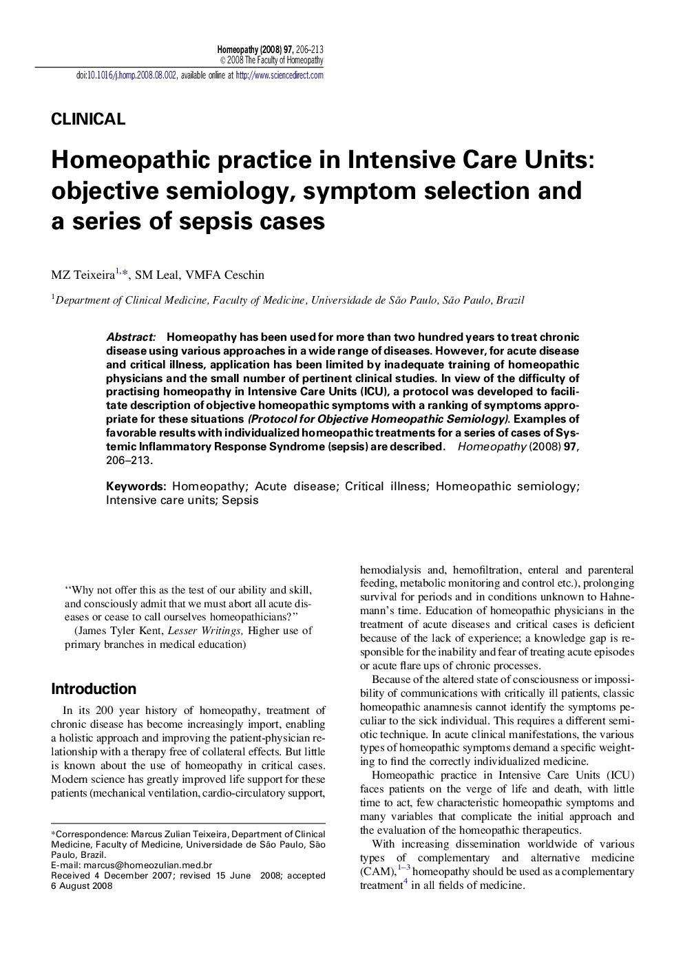 Homeopathic practice in Intensive Care Units: objective semiology, symptom selection and a series of sepsis cases