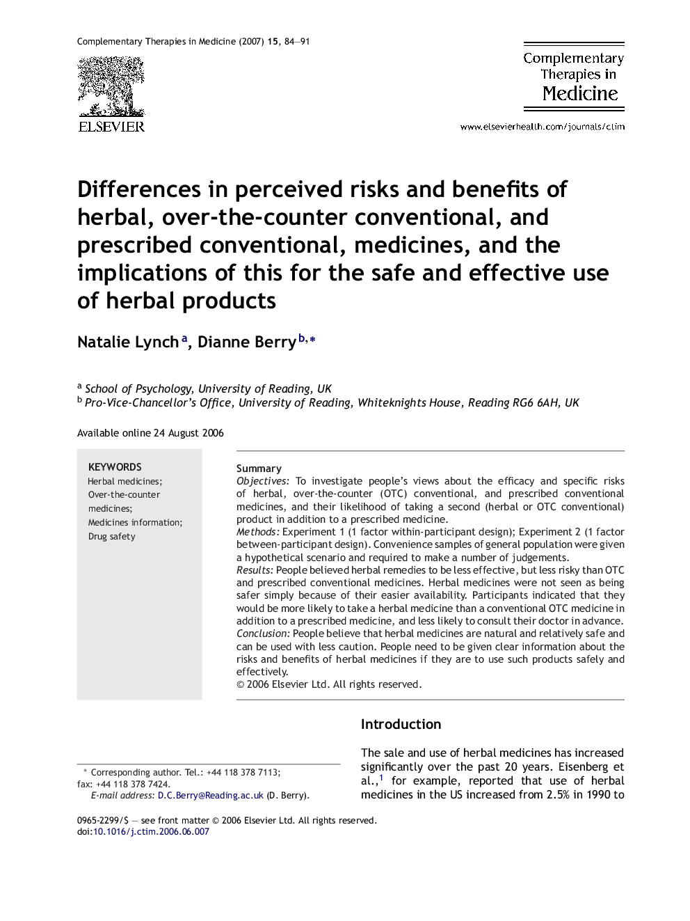 Differences in perceived risks and benefits of herbal, over-the-counter conventional, and prescribed conventional, medicines, and the implications of this for the safe and effective use of herbal products