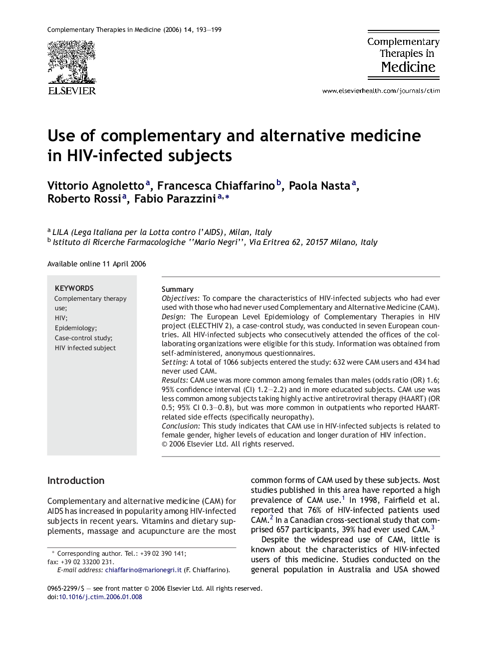 Use of complementary and alternative medicine in HIV-infected subjects