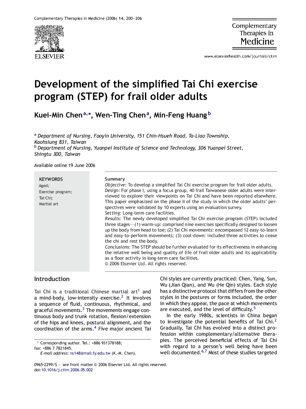 Development of the simplified Tai Chi exercise program (STEP) for frail older adults