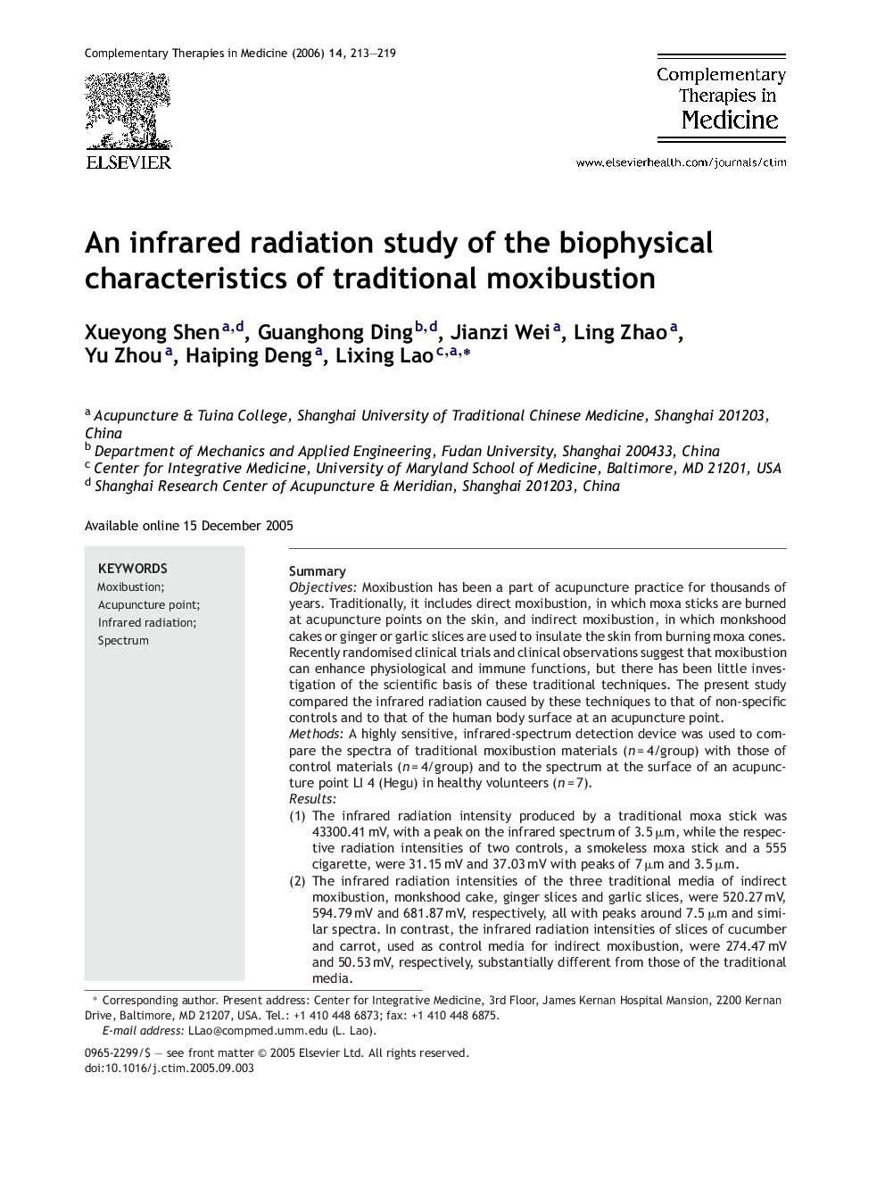 An infrared radiation study of the biophysical characteristics of traditional moxibustion