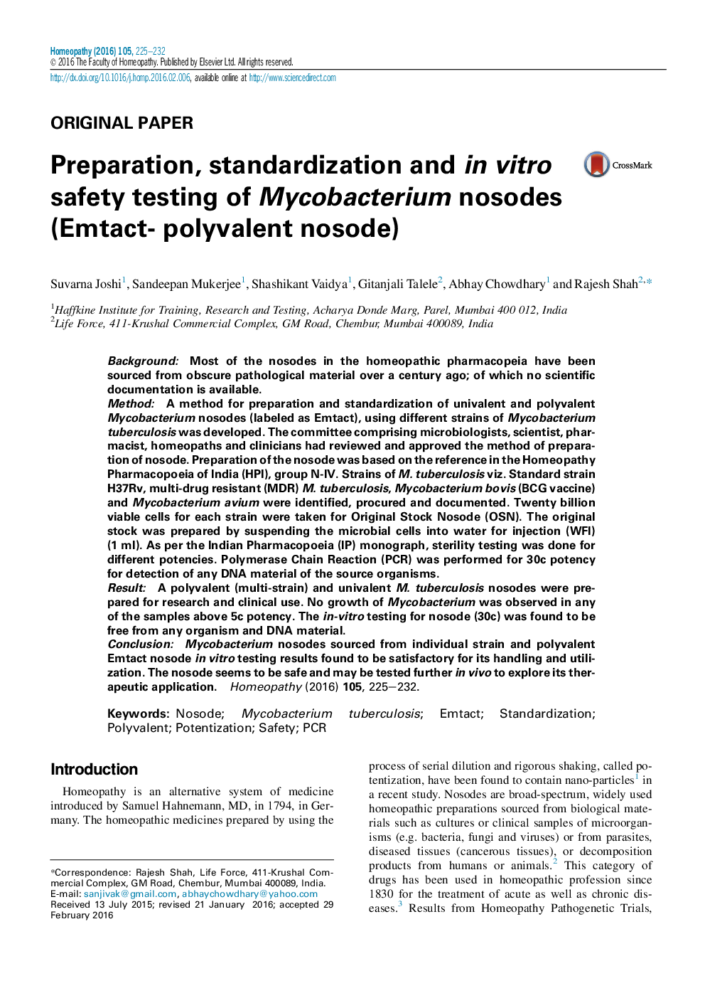 Preparation, standardization and in vitro safety testing of Mycobacterium nosodes (Emtact- polyvalent nosode)