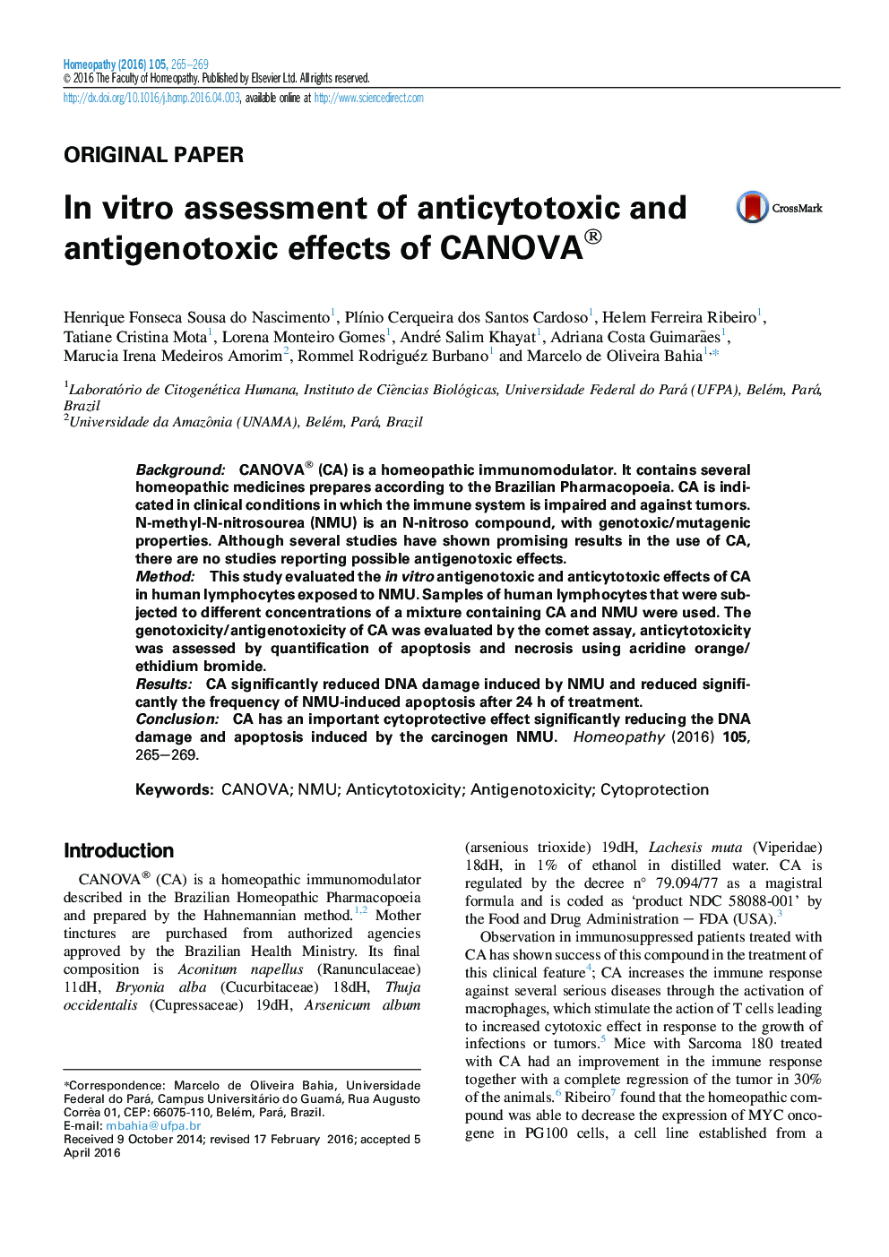 ارزیابی شرایط آزمایشگاهی از اثرات anticytotoxic و antigenotoxic از CANOVA®
