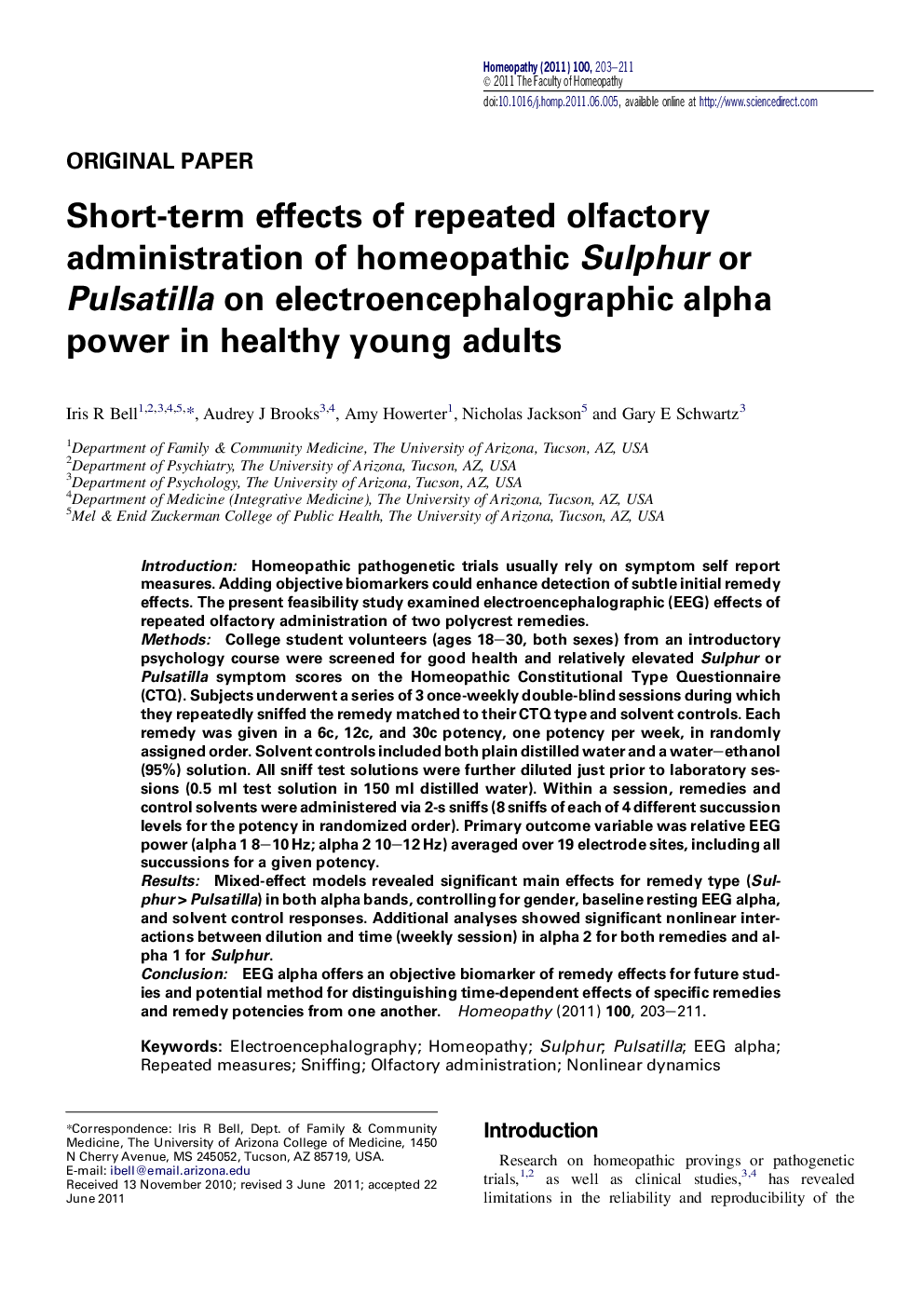 Short-term effects of repeated olfactory administration of homeopathic Sulphur or Pulsatilla on electroencephalographic alpha power in healthy young adults