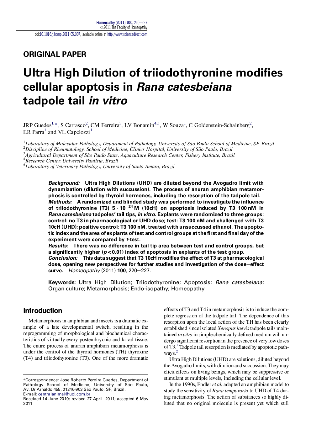 Ultra High Dilution of triiodothyronine modifies cellular apoptosis in Rana catesbeiana tadpole tail in vitro