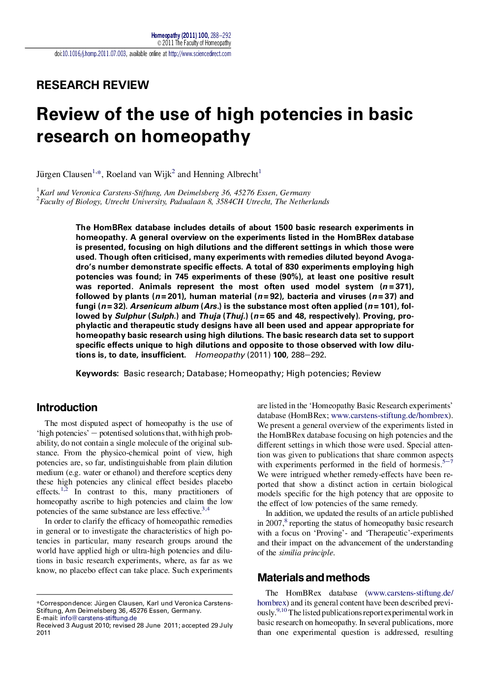 Review of the use of high potencies in basic research on homeopathy
