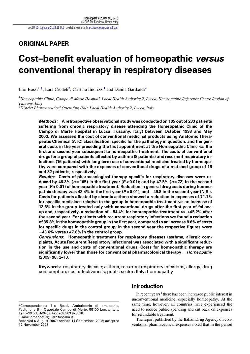 Cost–benefit evaluation of homeopathic versus conventional therapy in respiratory diseases