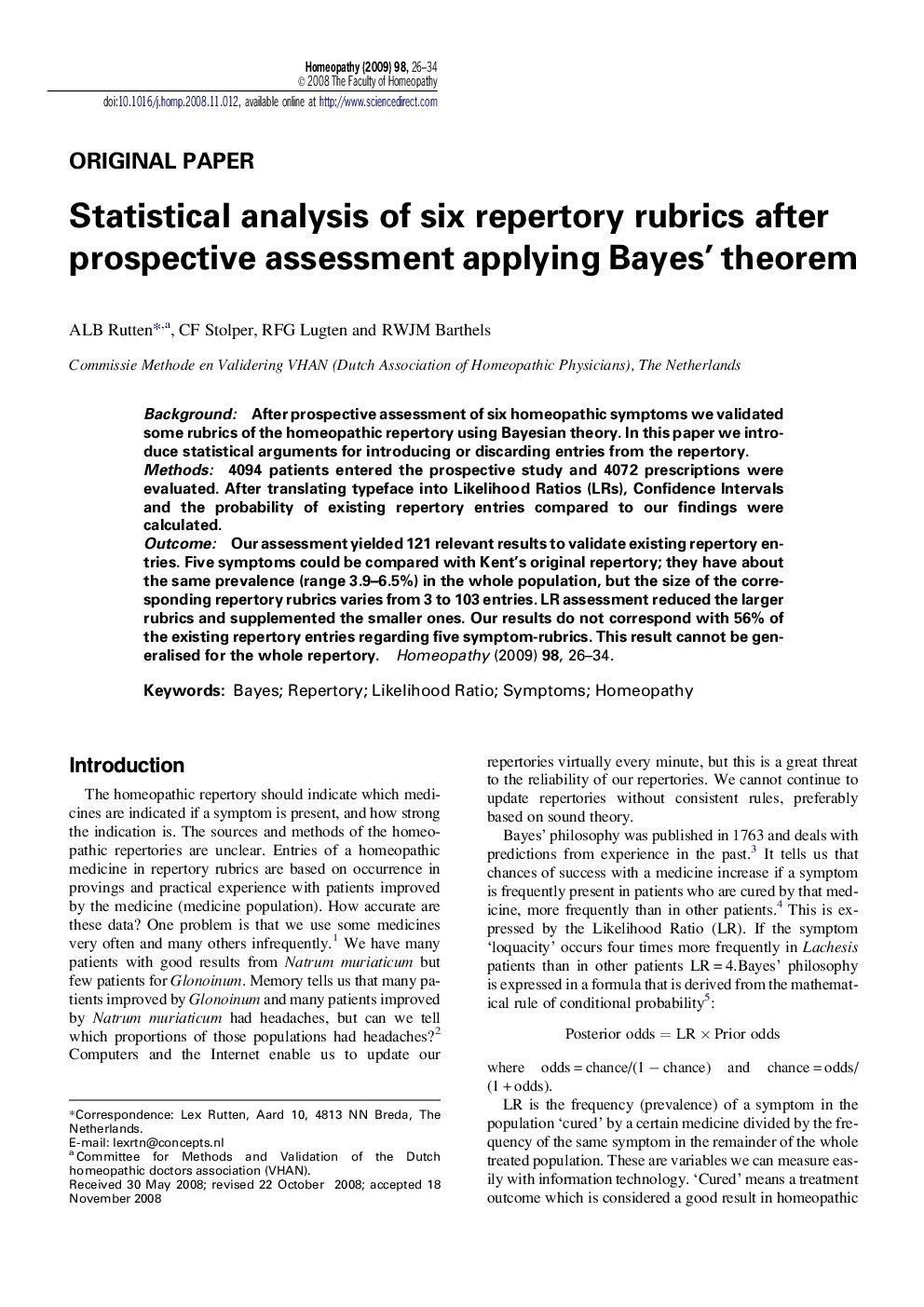 Statistical analysis of six repertory rubrics after prospective assessment applying Bayes' theorem