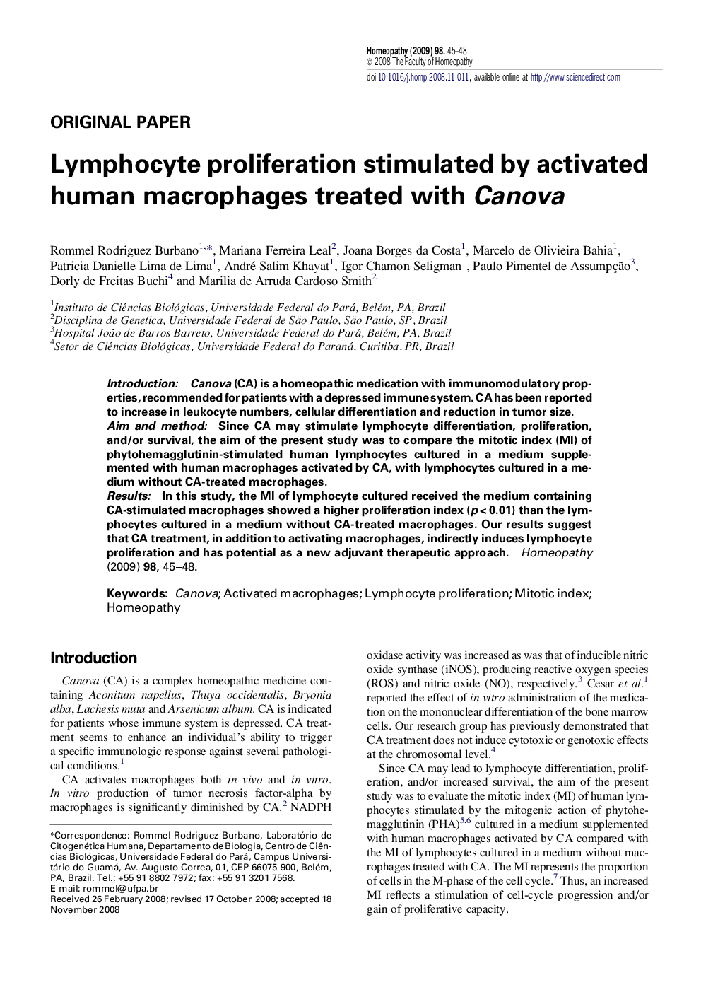 Lymphocyte proliferation stimulated by activated human macrophages treated with Canova