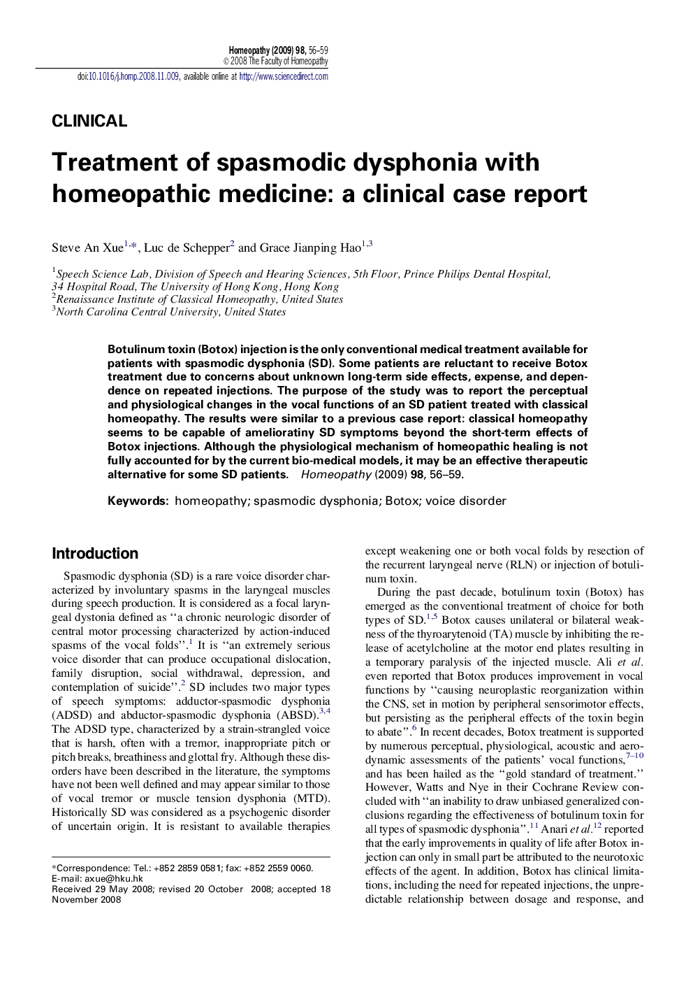 Treatment of spasmodic dysphonia with homeopathic medicine: a clinical case report