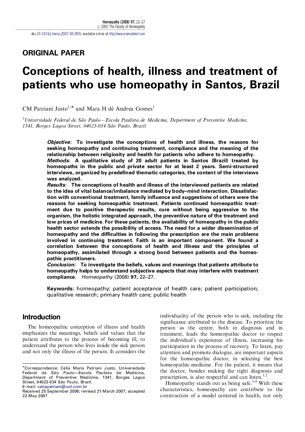 Conceptions of health, illness and treatment of patients who use homeopathy in Santos, Brazil