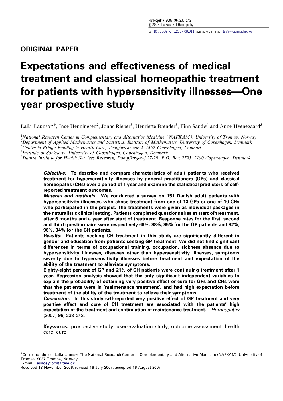 Expectations and effectiveness of medical treatment and classical homeopathic treatment for patients with hypersensitivity illnesses—One year prospective study