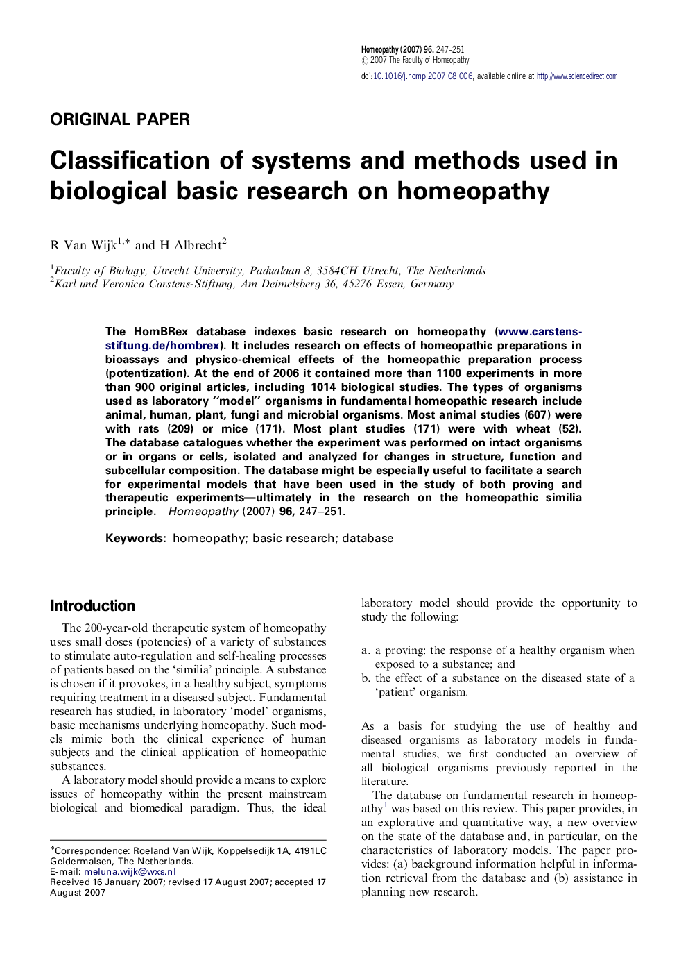 Classification of systems and methods used in biological basic research on homeopathy