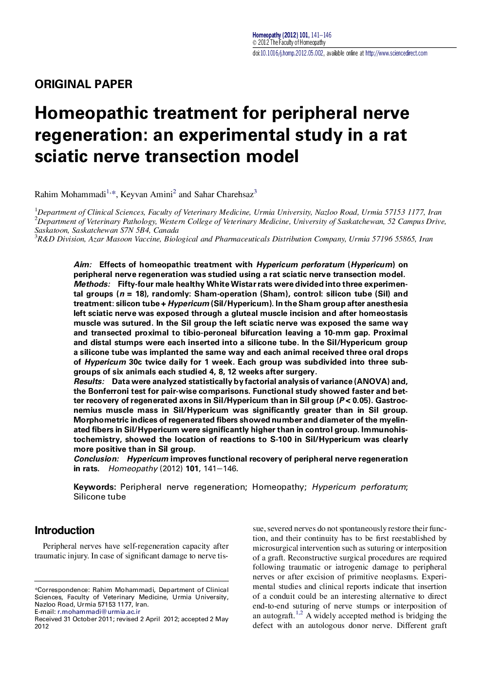 Homeopathic treatment for peripheral nerve regeneration: an experimental study in a rat sciatic nerve transection model