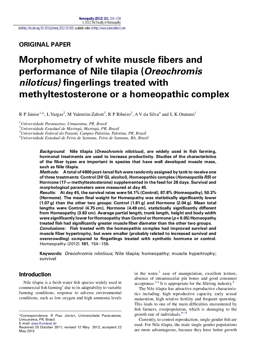 Morphometry of white muscle fibers and performance of Nile tilapia (Oreochromis niloticus) fingerlings treated with methyltestosterone or a homeopathic complex