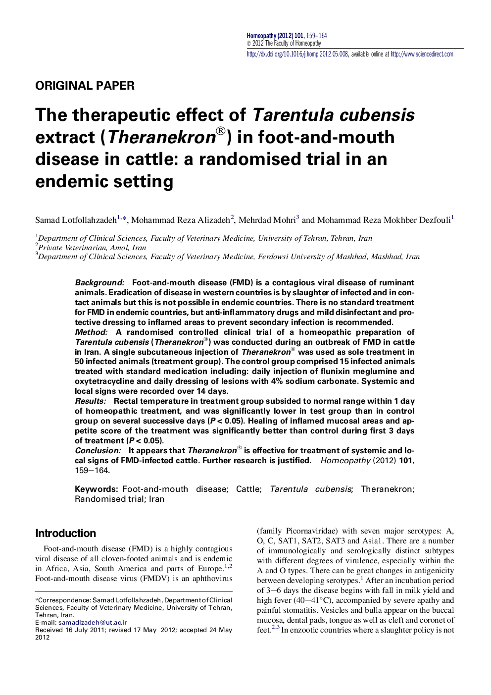 The therapeutic effect of Tarentula cubensis extract (Theranekron®) in foot-and-mouth disease in cattle: a randomised trial in an endemic setting