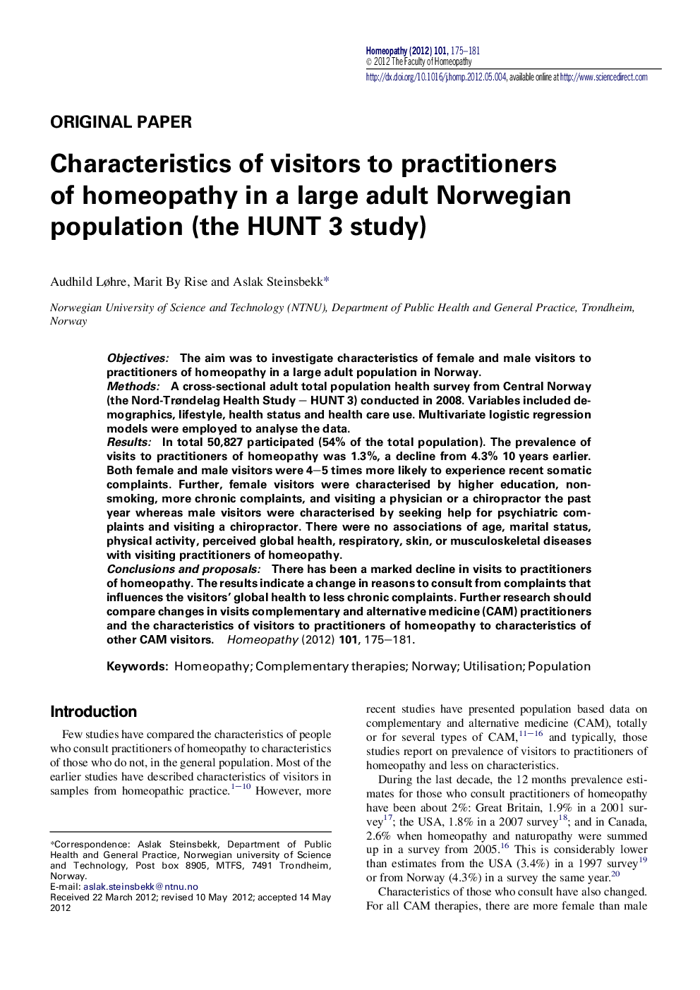 Characteristics of visitors to practitioners of homeopathy in a large adult Norwegian population (the HUNT 3 study)