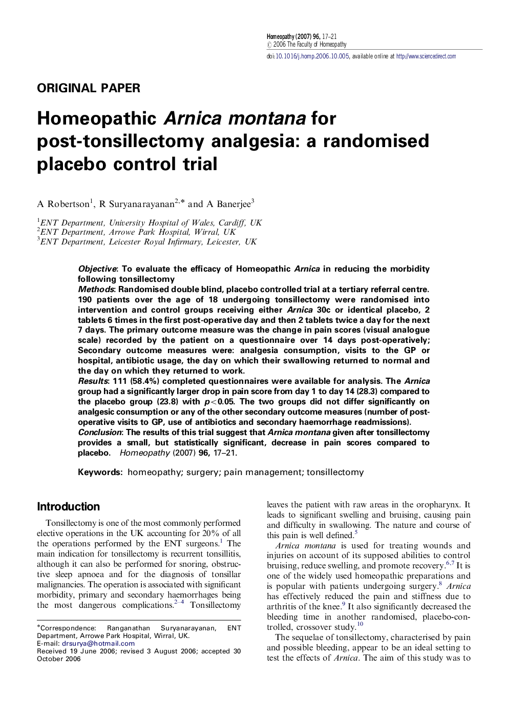 Homeopathic Arnica montana for post-tonsillectomy analgesia: a randomised placebo control trial