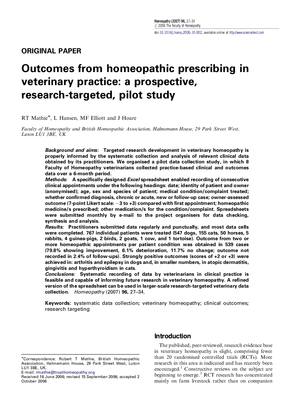 Outcomes from homeopathic prescribing in veterinary practice: a prospective, research-targeted, pilot study