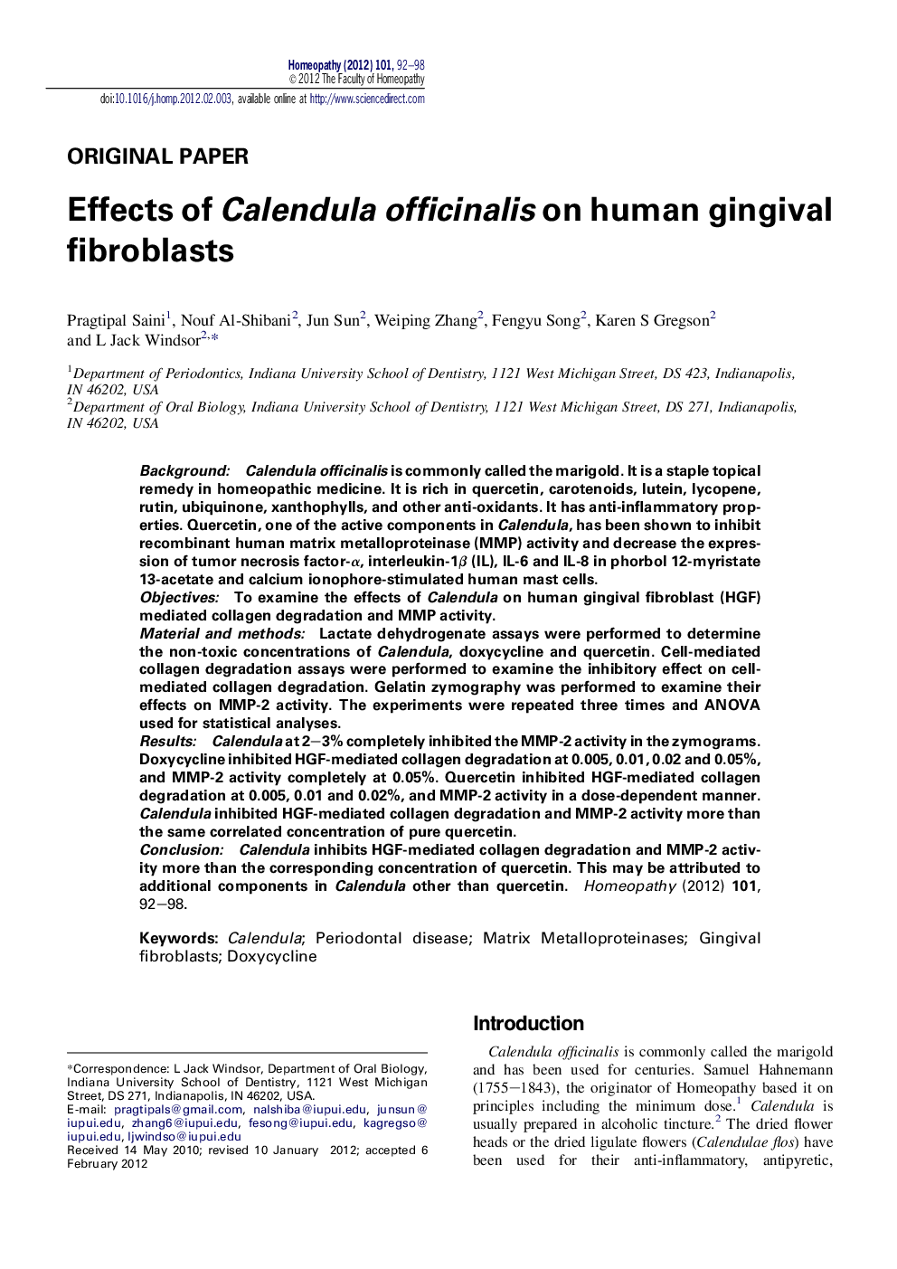 Effects of Calendula officinalis on human gingival fibroblasts