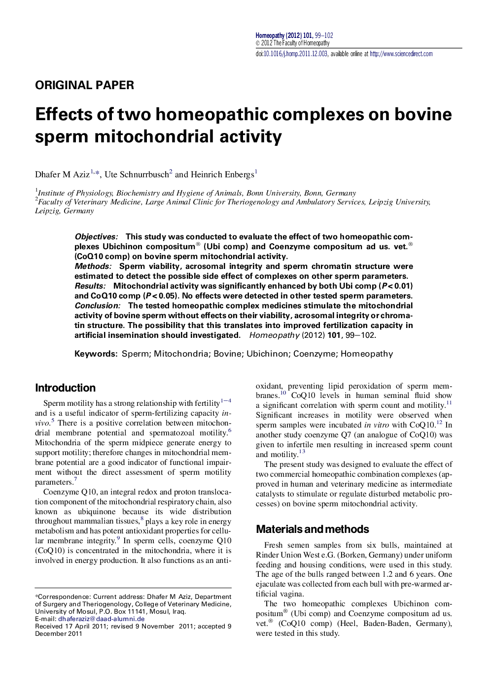 Effects of two homeopathic complexes on bovine sperm mitochondrial activity