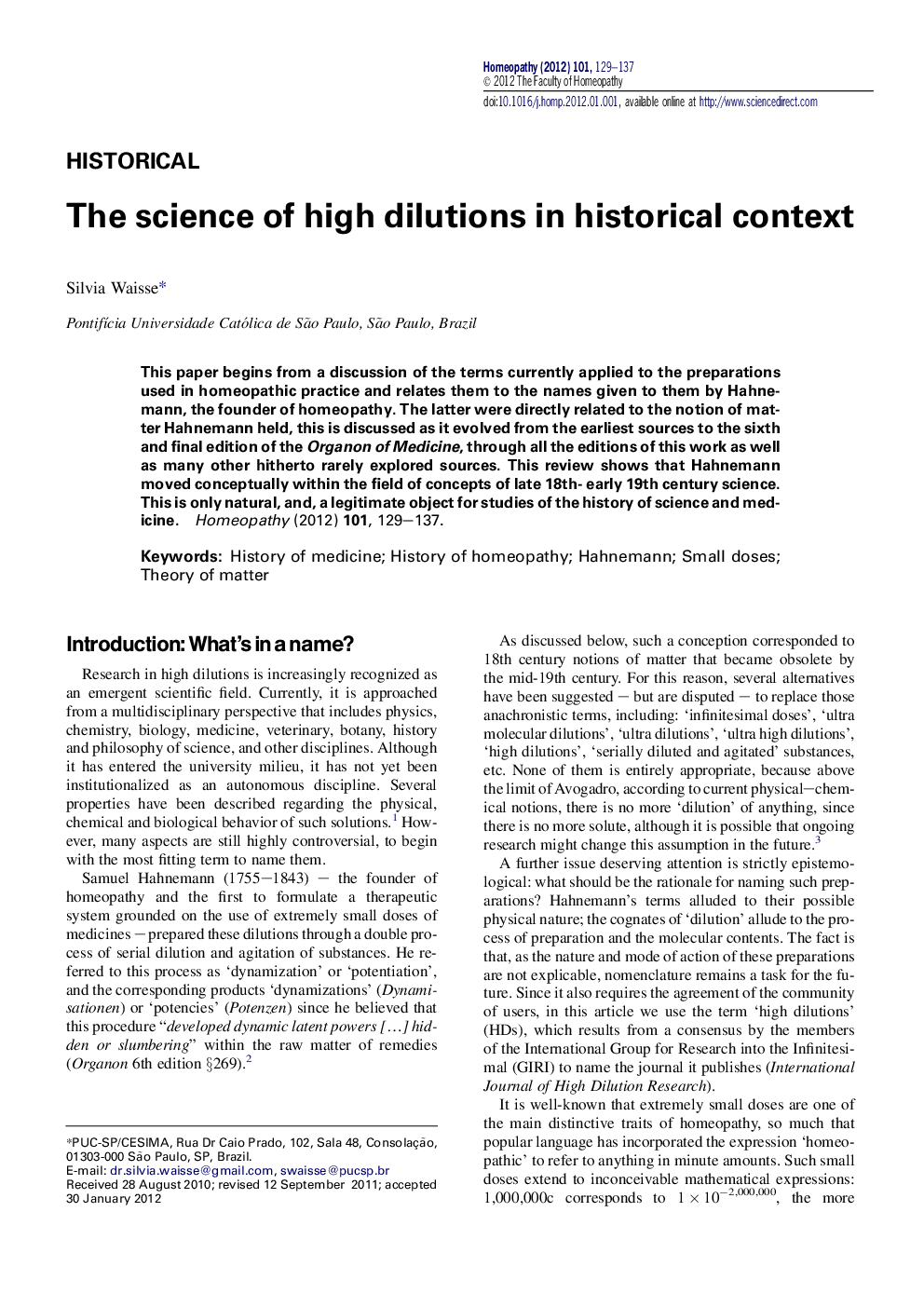 The science of high dilutions in historical context