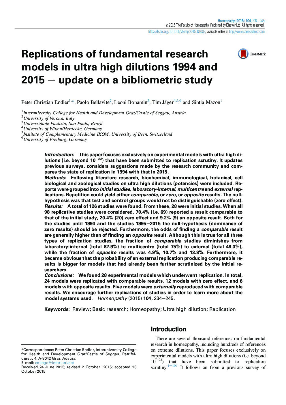 Replications of fundamental research models in ultra high dilutions 1994 and 2015 – update on a bibliometric study