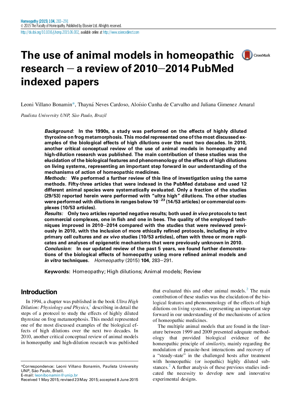 استفاده از مدل های حیوانی در تحقیقات هومیوپاتی - مرور مقالات نمایه PubMed 2010-2014