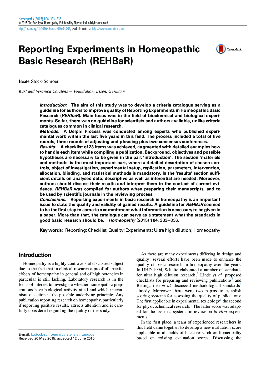 Reporting Experiments in Homeopathic Basic Research (REHBaR)