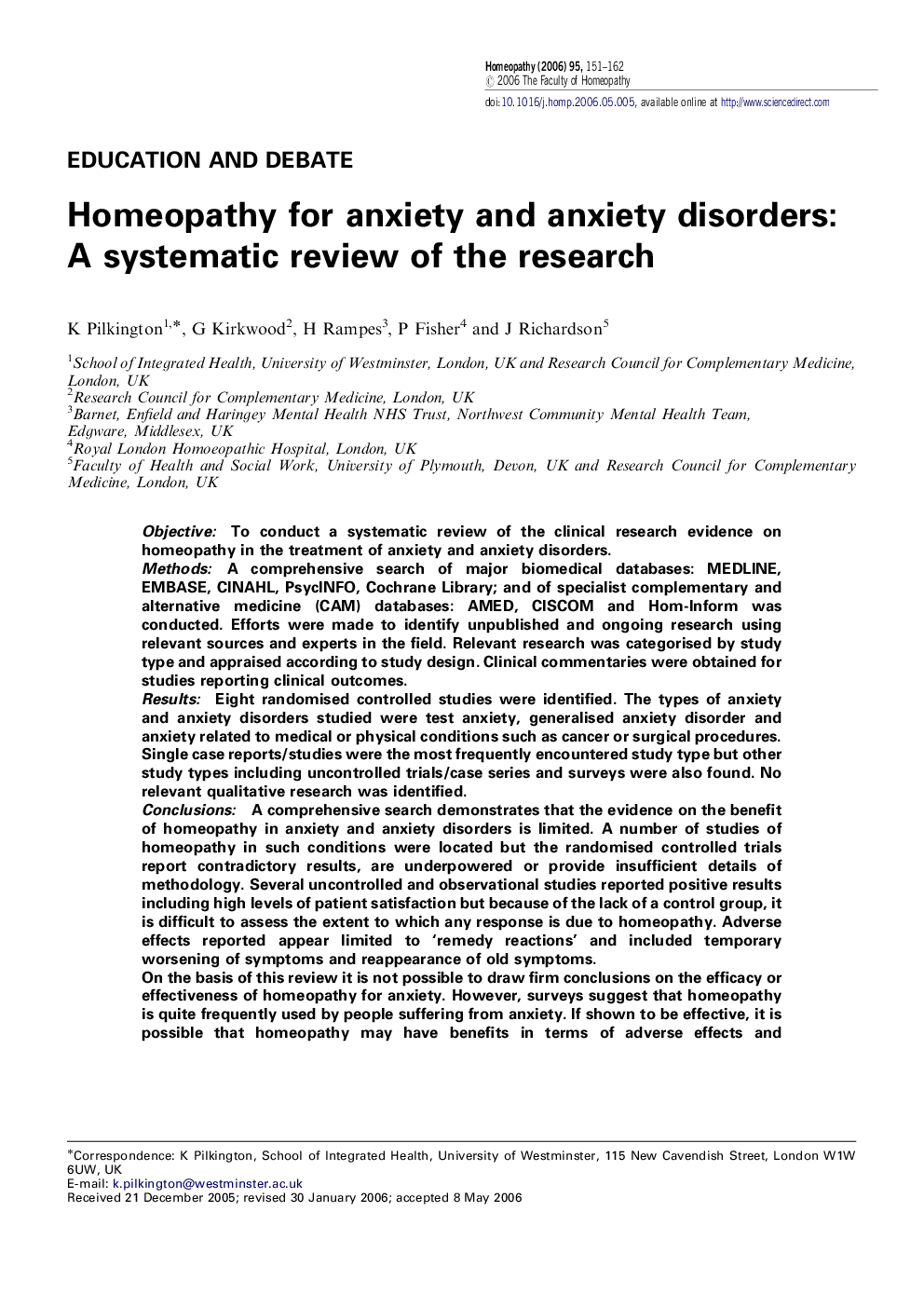 Homeopathy for anxiety and anxiety disorders: A systematic review of the research