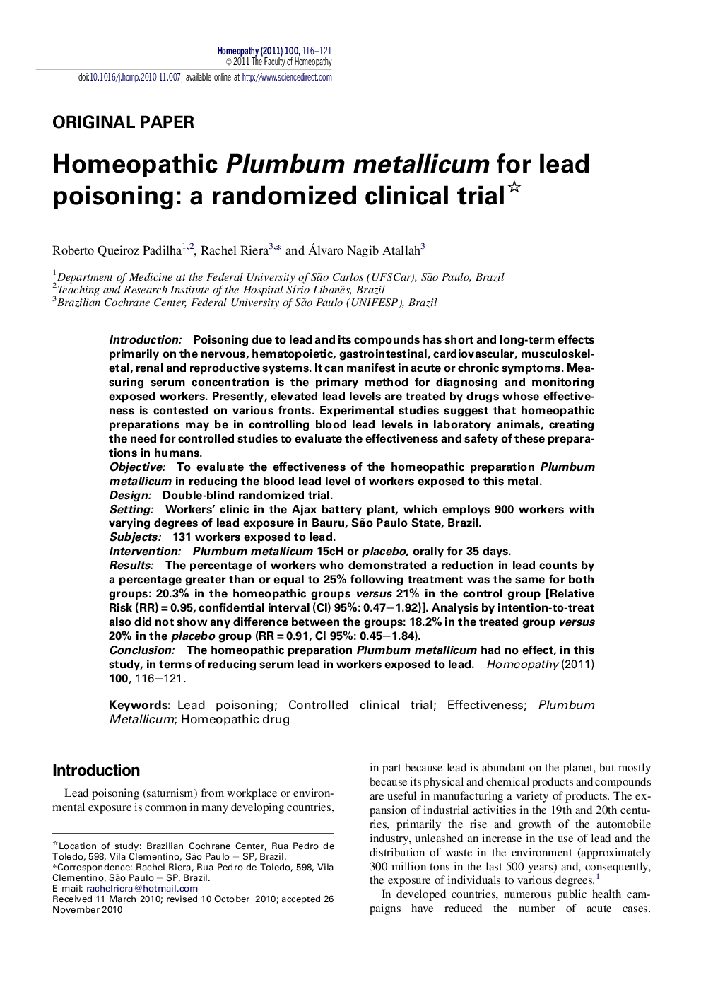 Homeopathic Plumbum metallicum for lead poisoning: a randomized clinical trial 