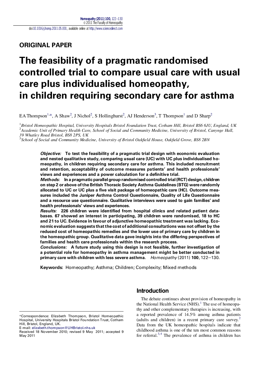 The feasibility of a pragmatic randomised controlled trial to compare usual care with usual care plus individualised homeopathy, in children requiring secondary care for asthma