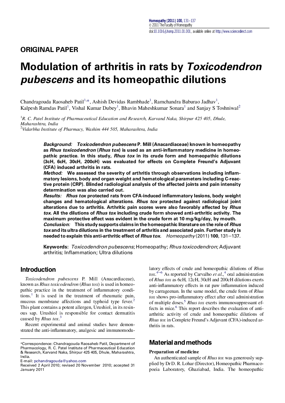 Modulation of arthritis in rats by Toxicodendron pubescens and its homeopathic dilutions