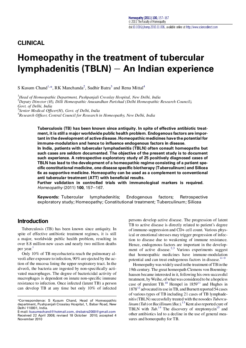 Homeopathy in the treatment of tubercular lymphadenitis (TBLN) – An Indian experience