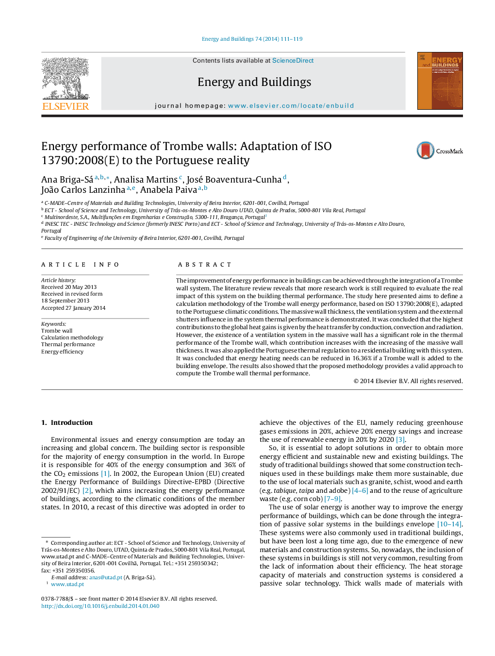 Energy performance of Trombe walls: Adaptation of ISO 13790:2008(E) to the Portuguese reality