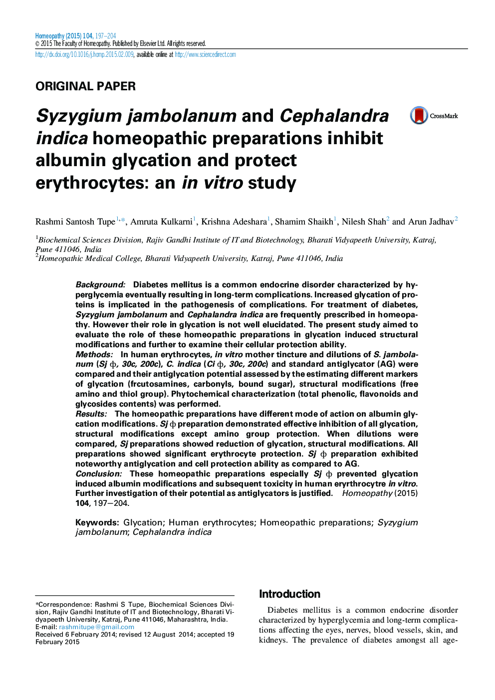 Syzygium jambolanum and Cephalandra indica homeopathic preparations inhibit albumin glycation and protect erythrocytes: an inÂ vitro study