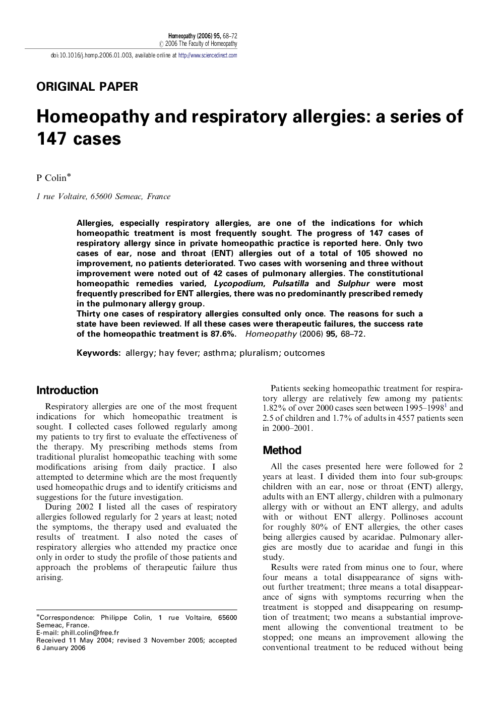 Homeopathy and respiratory allergies: a series of 147 cases