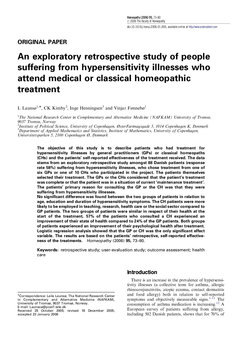 An exploratory retrospective study of people suffering from hypersensitivity illnesses who attend medical or classical homeopathic treatment