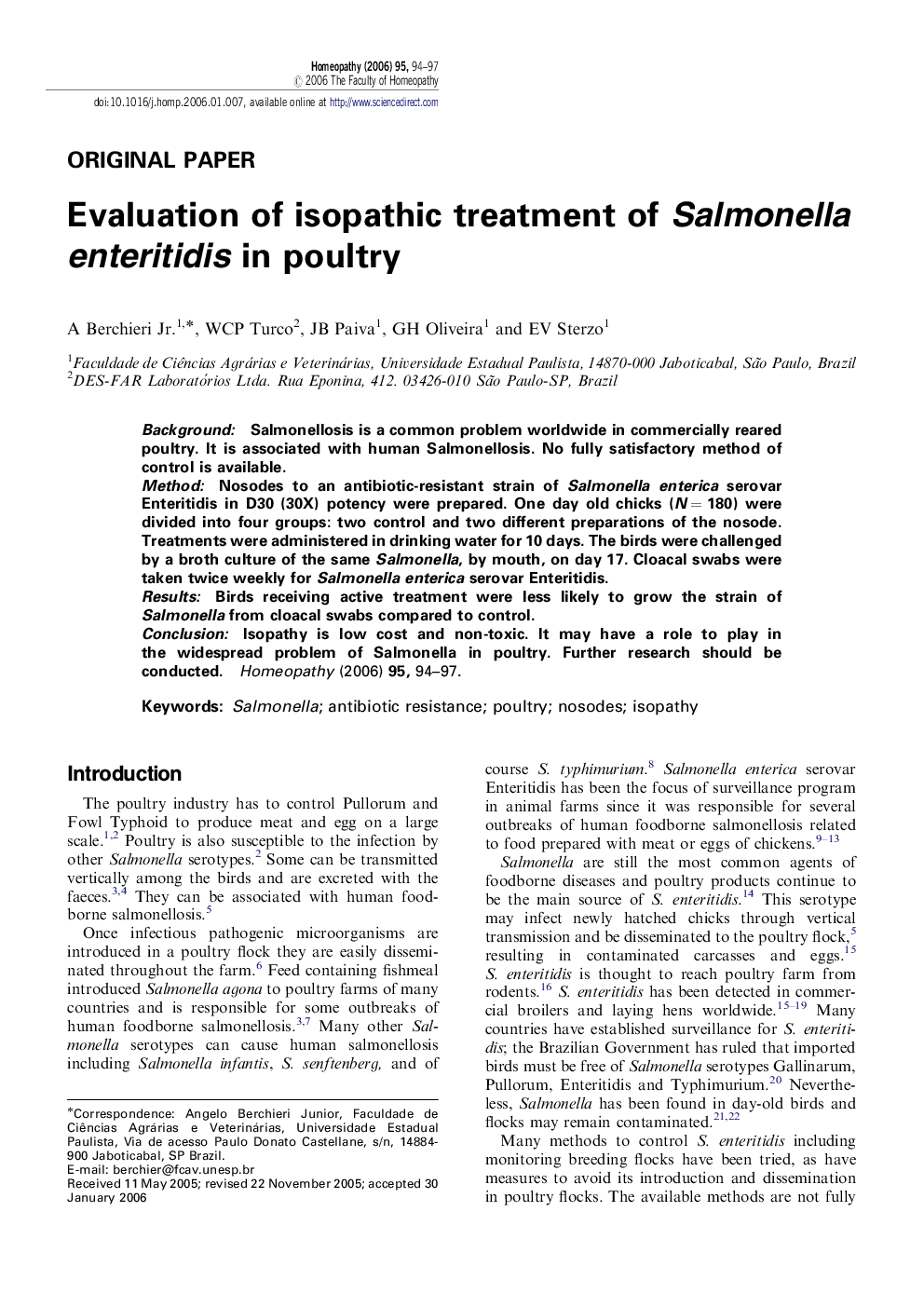 Evaluation of isopathic treatment of Salmonella enteritidis in poultry