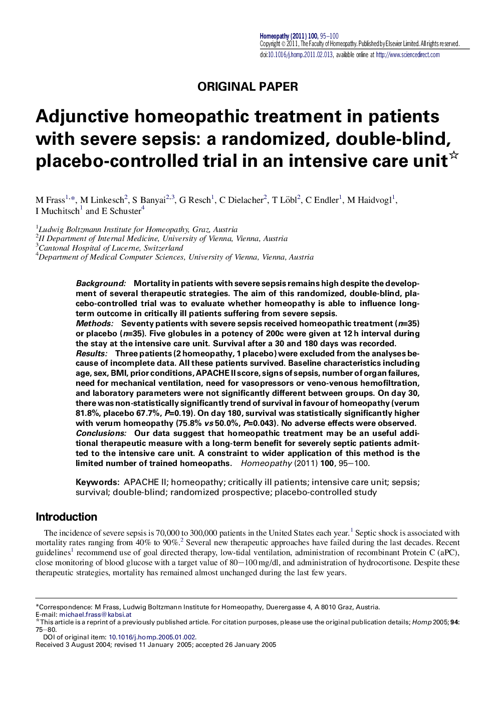 Adjunctive homeopathic treatment in patients with severe sepsis: a randomized, double-blind, placebo-controlled trial in an intensive care unit 