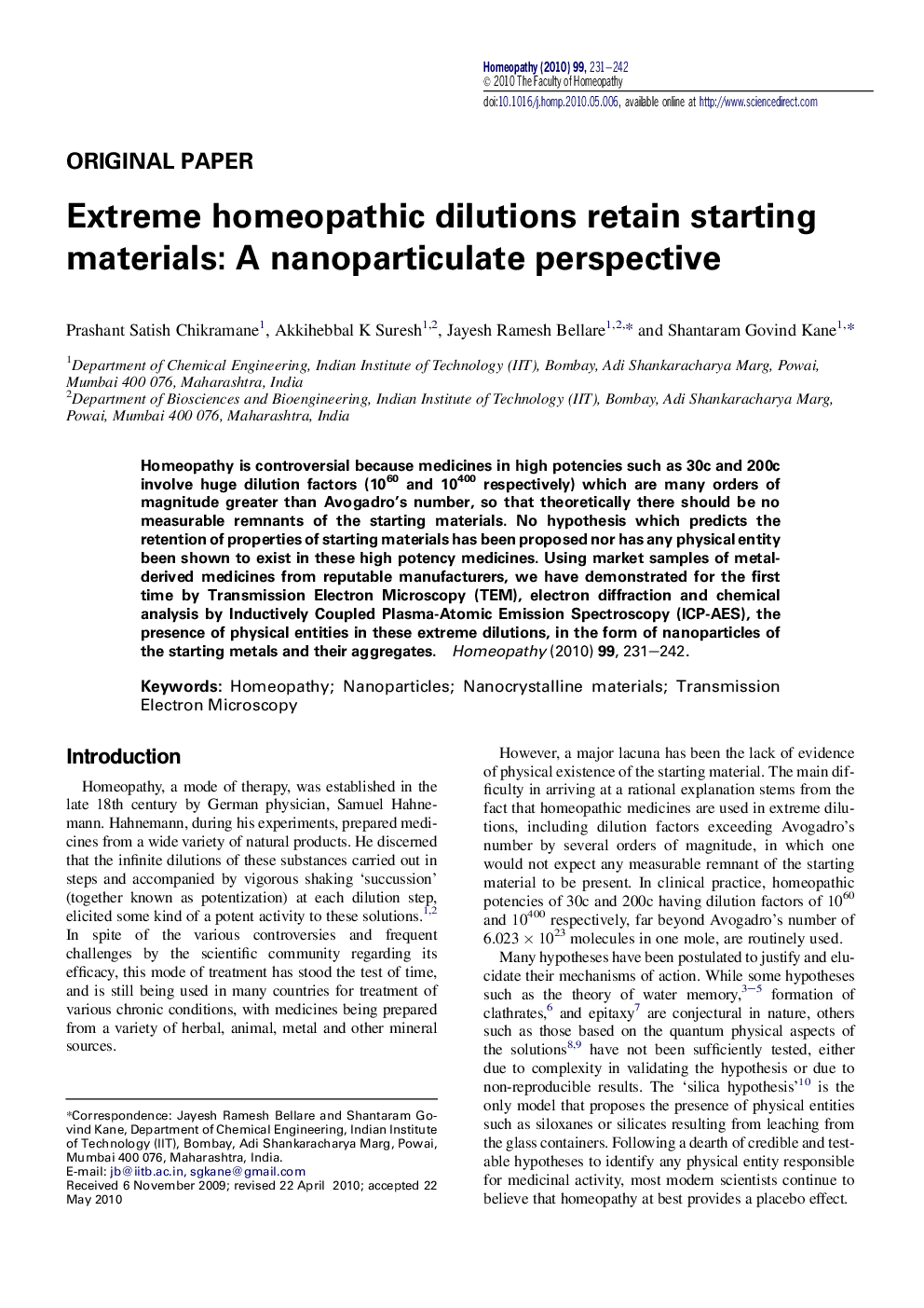 Extreme homeopathic dilutions retain starting materials: A nanoparticulate perspective