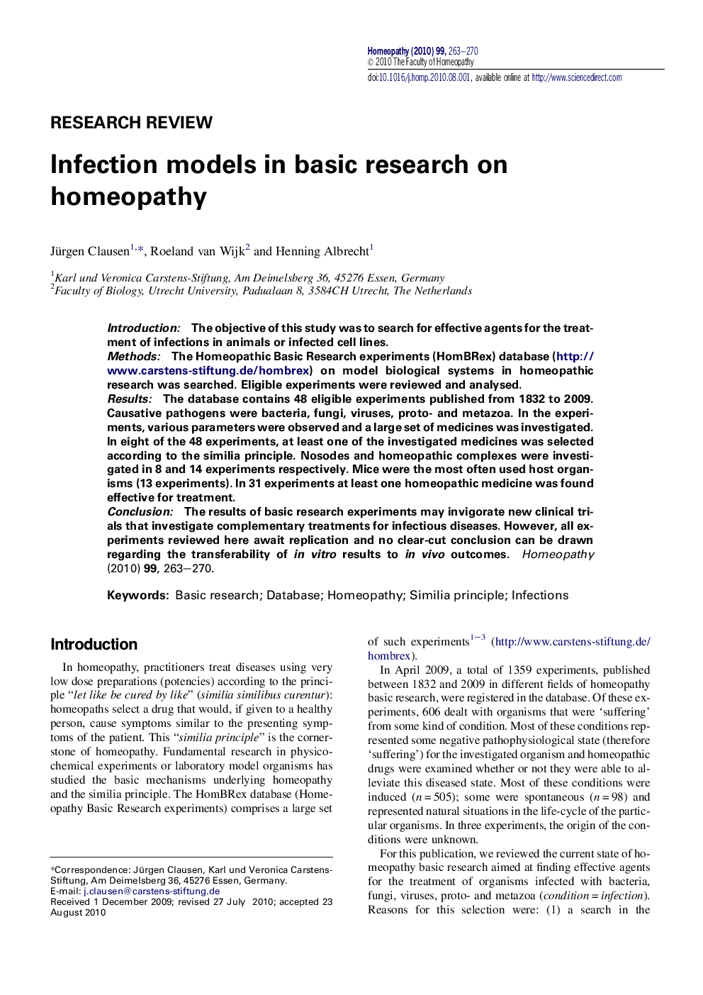 Infection models in basic research on homeopathy