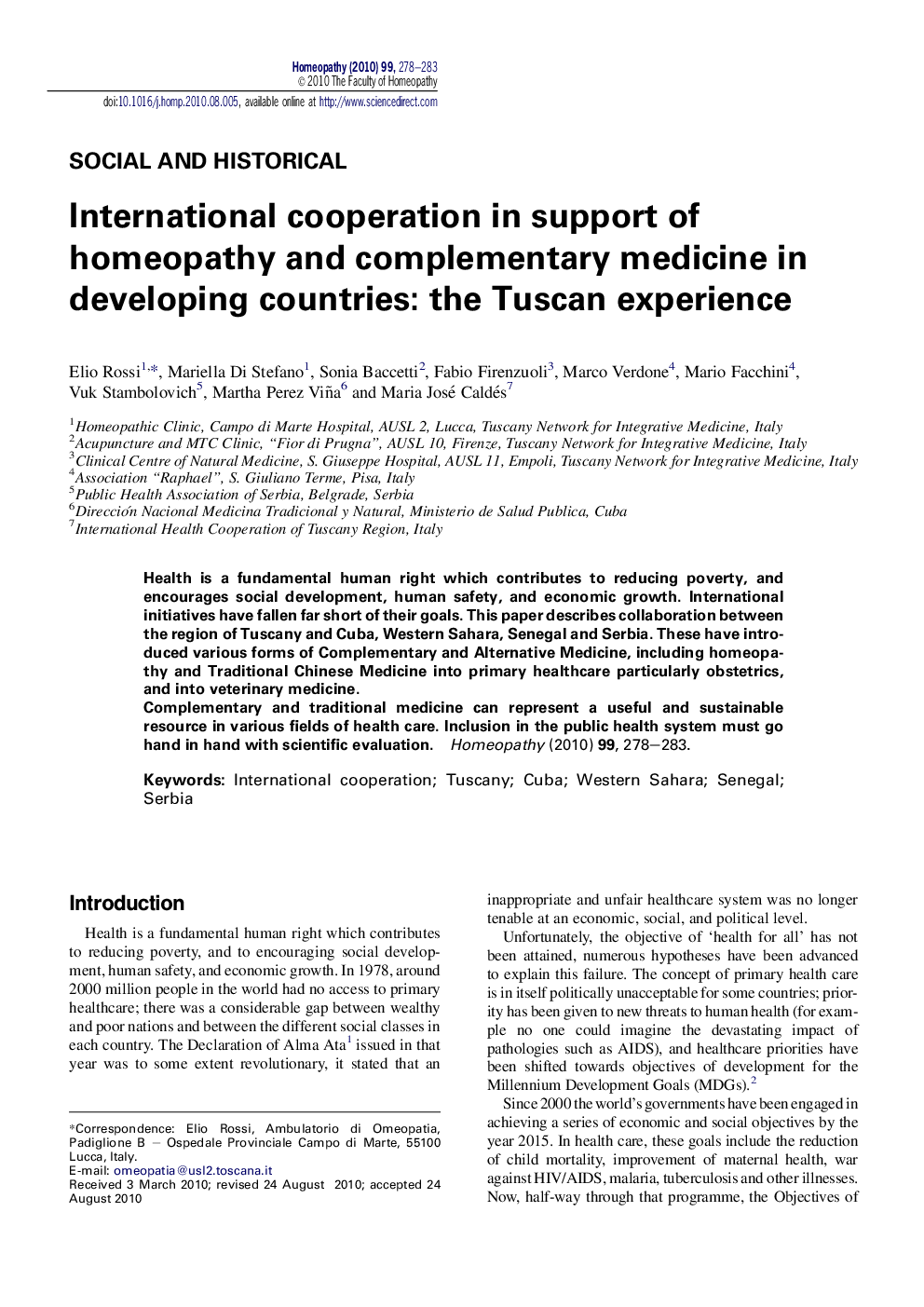 International cooperation in support of homeopathy and complementary medicine in developing countries: the Tuscan experience