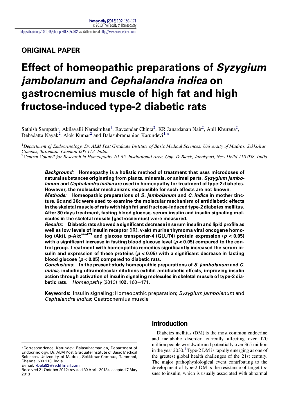 Effect of homeopathic preparations of Syzygium jambolanum and Cephalandra indica on gastrocnemius muscle of high fat and high fructose-induced type-2 diabetic rats