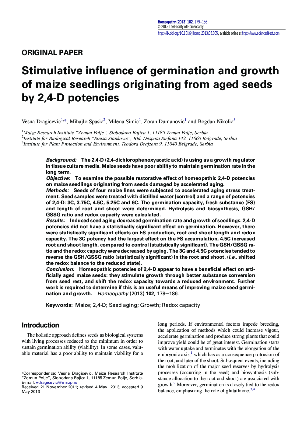Stimulative influence of germination and growth of maize seedlings originating from aged seeds by 2,4-D potencies