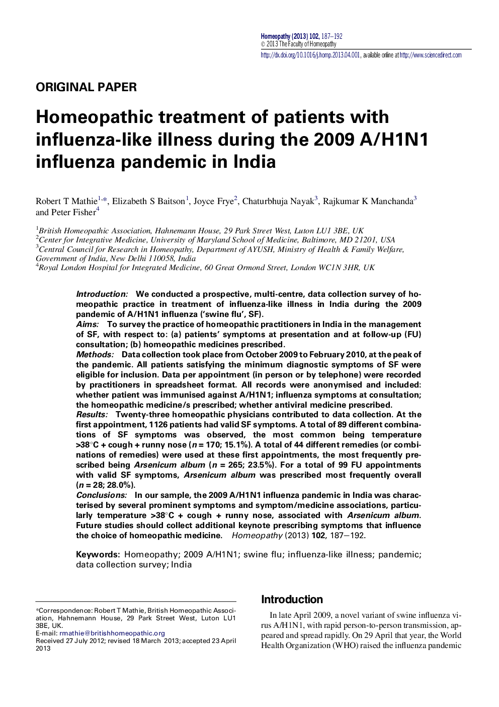 Homeopathic treatment of patients with influenza-like illness during the 2009 A/H1N1 influenza pandemic in India