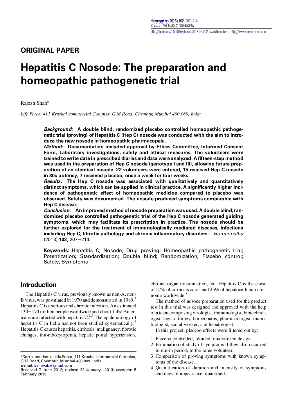 Hepatitis C Nosode: The preparation and homeopathic pathogenetic trial